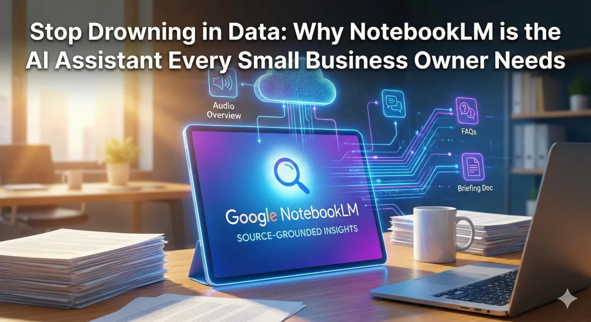 A tablet sitting on a wooden desk displaying the Google NotebookLM logo and the text "Source-Grounded Insights," connected by glowing digital lines to icons representing Audio Overviews, FAQs, and Briefing Docs. The image features a headline at the top that reads, "Stop Drowning in Data: Why NotebookLM is the AI Assistant Every Small Business Owner Needs."