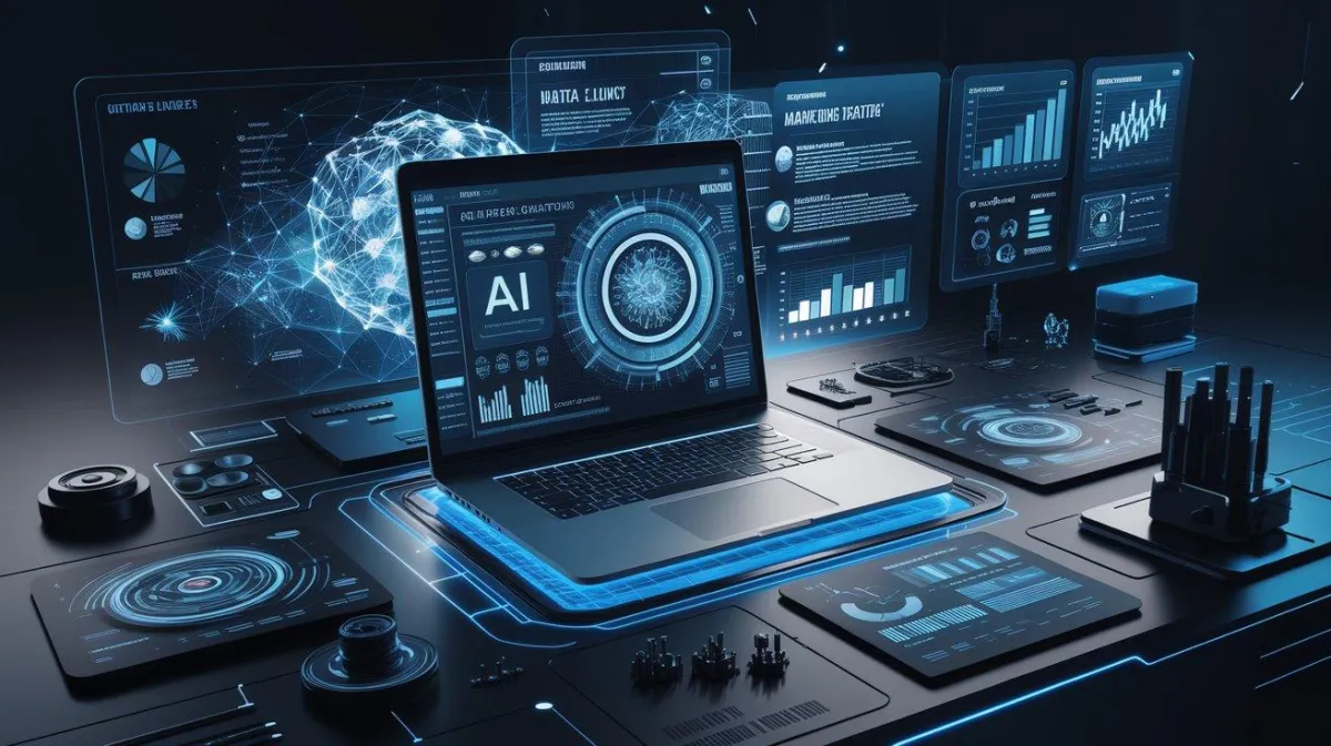 Futuristic marketing workspace with AI tools and analytics