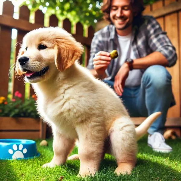 Puppy going to the toilet outside with owner ready to reward