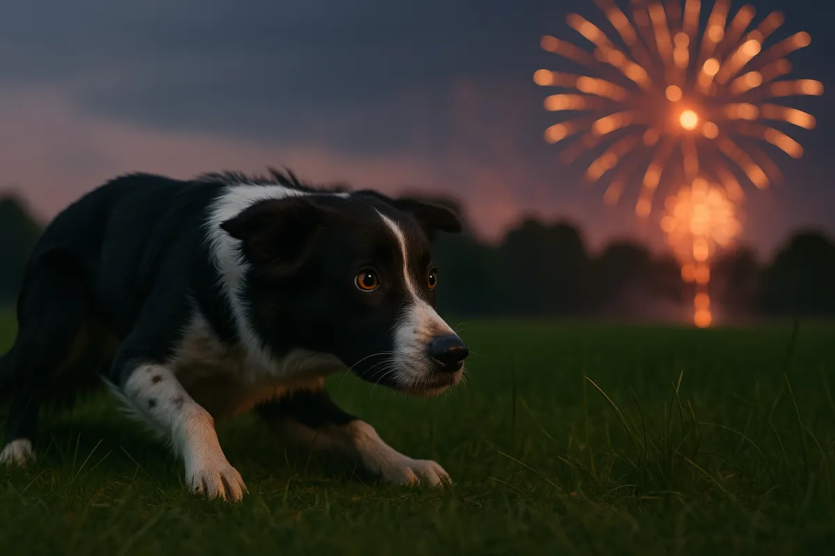 Border collie in a field frightened by fireworks