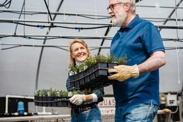 Two seniors work towards managing the planting of a garden.