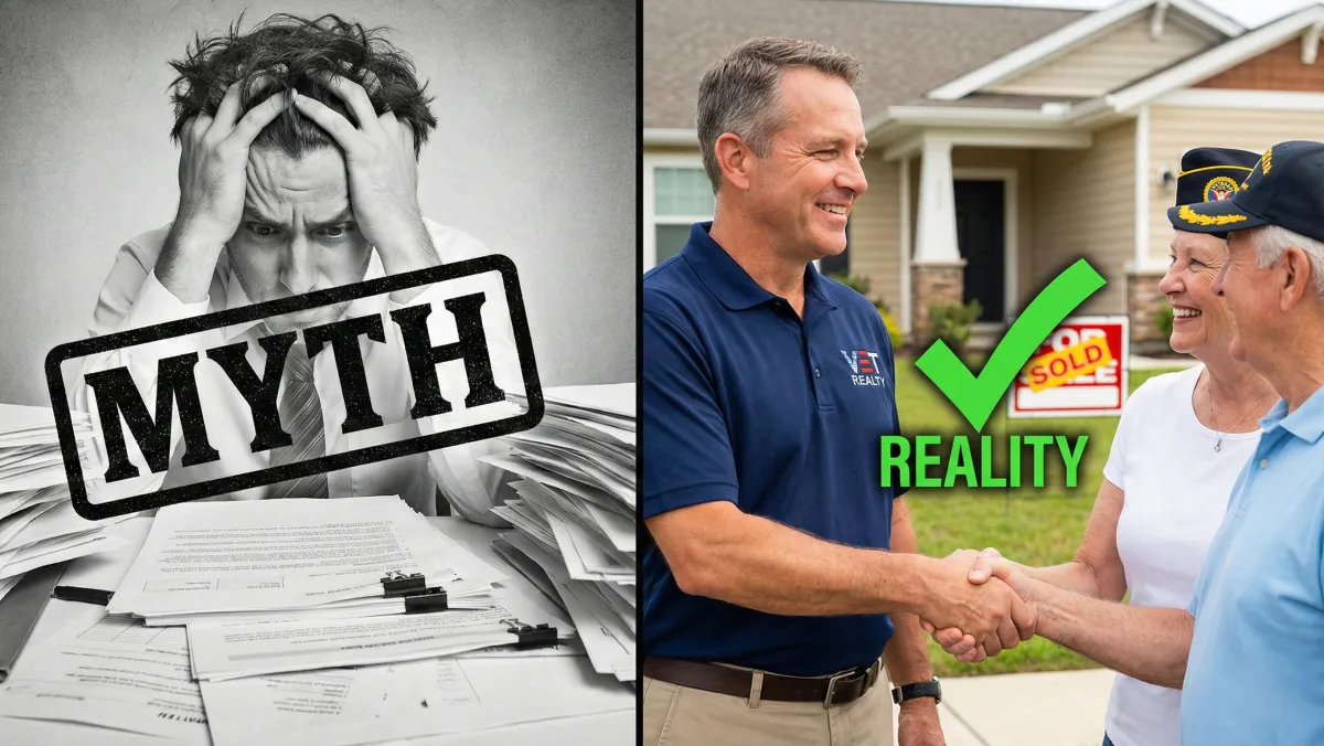Comparison of VA loan myths versus reality, Military Veteran Team agent helping a family buy a home.