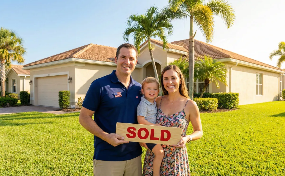 Veteran family standing in front of their new Florida home bought with the help of the Military Veteran Team.