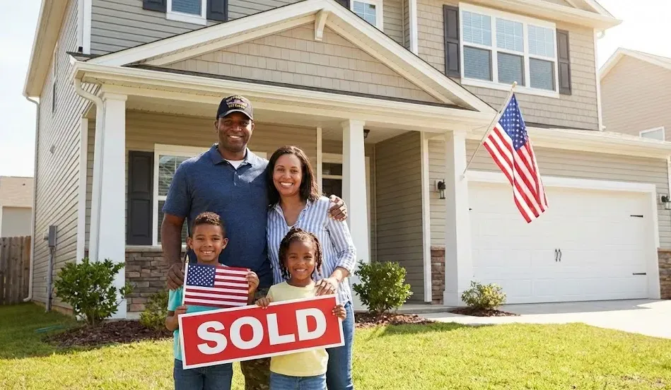 A happy Black family of four—a father, mother, and two children—standing proudly in front of their new suburban home. The father wears a veteran's cap, and the children hold a red 'SOLD' sign and an American flag.