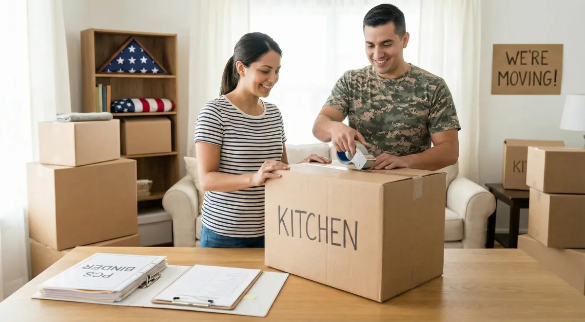 Military family packing boxes with a PCS binder and checklist for a permanent change of station move.