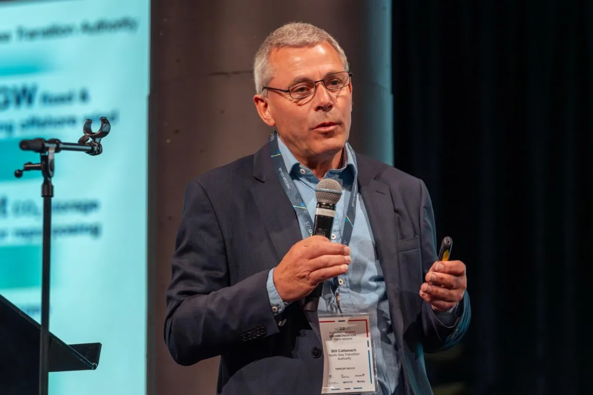 Bill Cattanach from North Sea Transition Authority presenting on stage at the Scotland-Norway trade mission