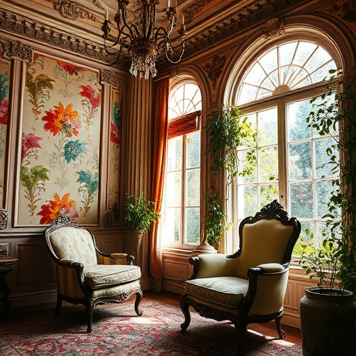 Alt Text: A Baroque-inspired blog cover image depicting an opulently decorated room undergoing remodeling, featuring ornate moldings and chandeliers contrasted with areas of stripped wallpaper revealing colorful patterns. In one corner, a partially restored antique chair and a palette of rich jewel-toned paint swatches, including emerald greens, ruby reds, and sapphire blues, evoke luxury. Quirky design details include mismatched paintbrushes resembling feathers and intricately designed tools with scroll motifs. The scene is illuminated by sunlight filtering through tall arched windows, revealing a lush garden view and adding vibrancy with blooming vines on the sill. The overall atmosphere blends playful creativity with elegant sophistication in the context of home remodeling.