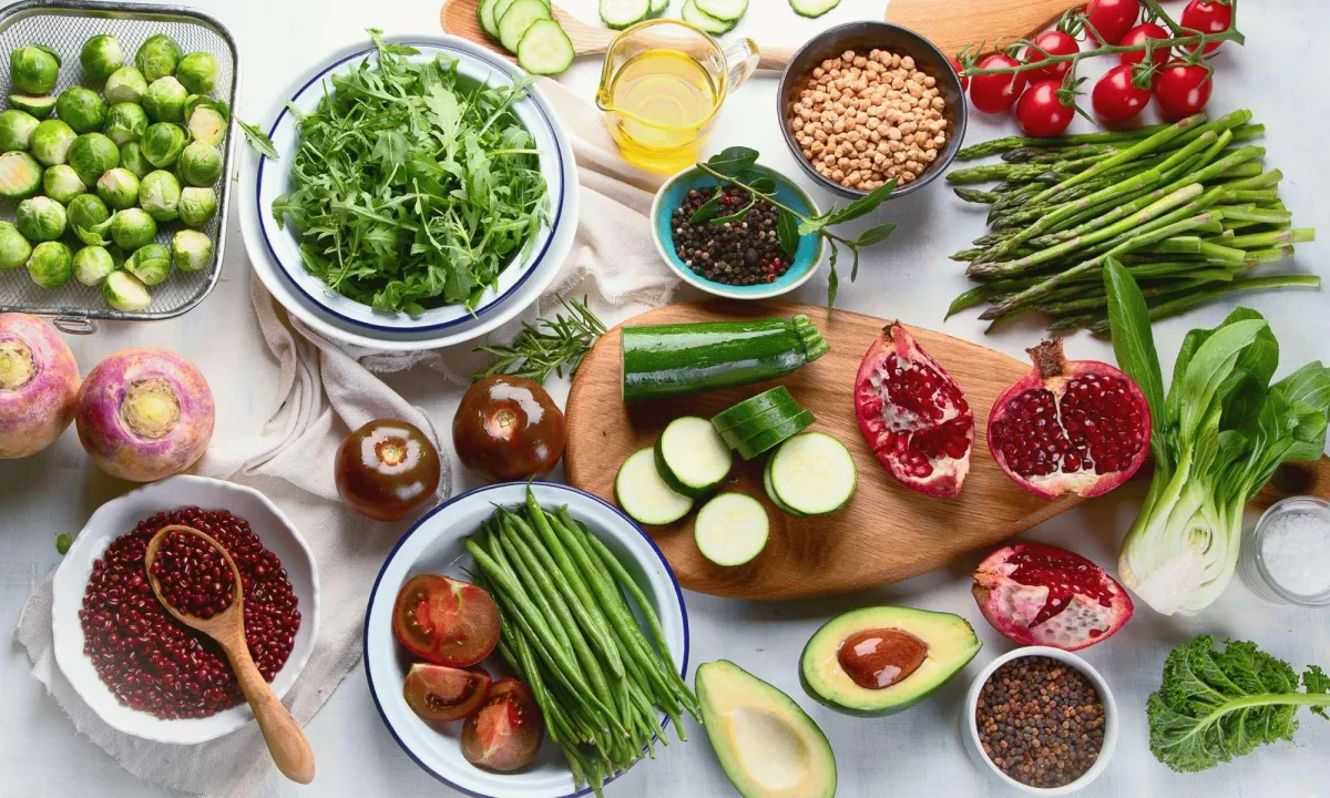 A variety of healthy foods, including fruits, vegetables, and grains, to promote anxiety relief.