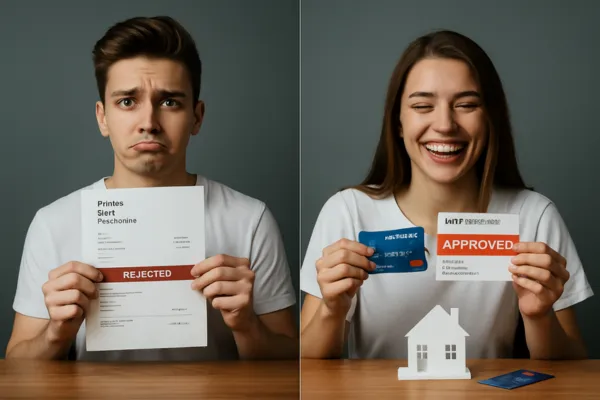 Picture of two people, one with a rejected letter and the other with the approved letter from the bank.