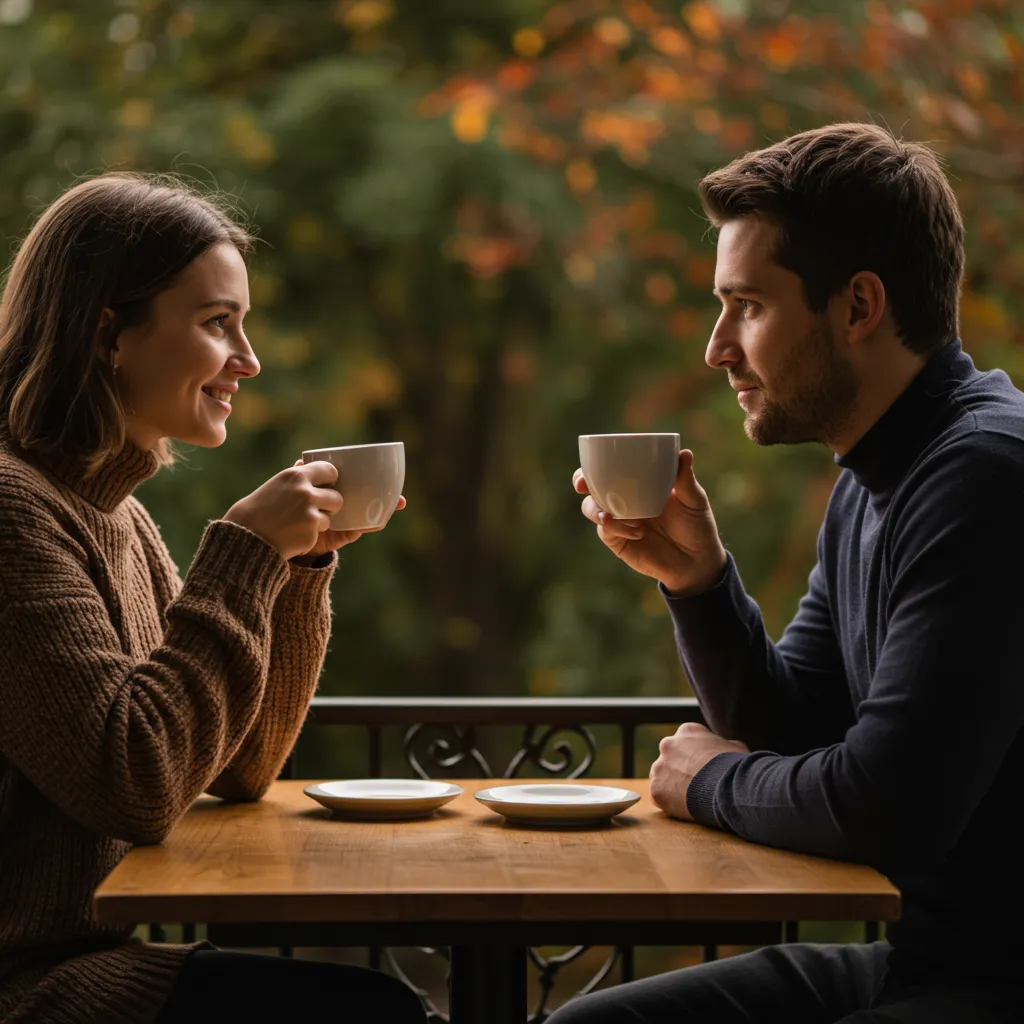 Couple having coffee at a table looking at each other.