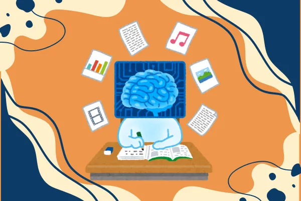 Body with brain head sitting at desk with orange and blue background