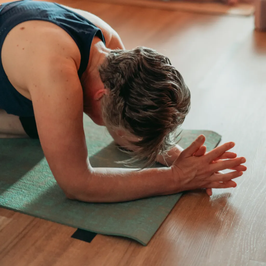Practitioner in Low Plank Pose (Makara Adho Mukha Svanasana) with forearms on the mat, elbows under shoulders, body in a straight line, building core strength.