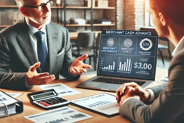 A financial advisor explains Merchant Cash Advance costs to a small business owner in a modern office. A laptop displays financial charts, emphasizing informed decision-making.