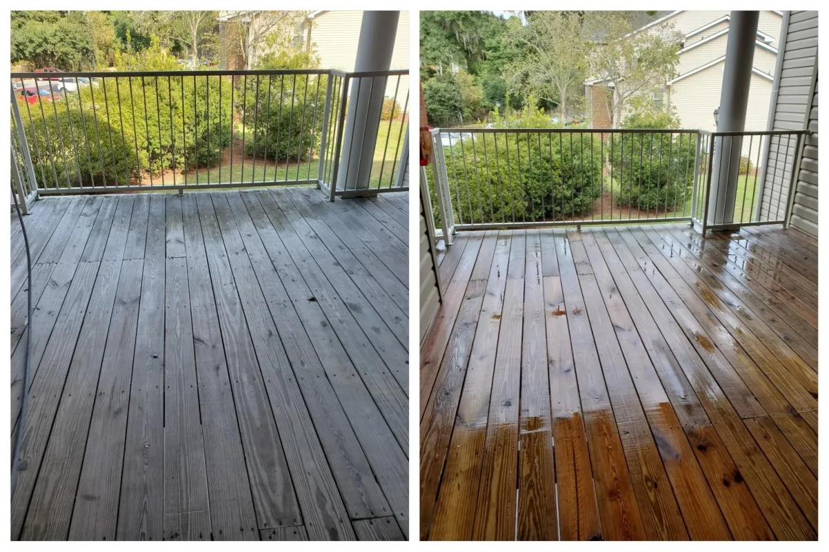 Softwash wooden porch boards using low pressure.