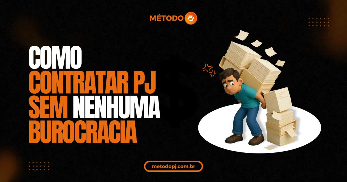 Título do Método PJ ao lado de um ícone que se trata de uma pessoa carregando uma pilha de papel simbolizando burocracia