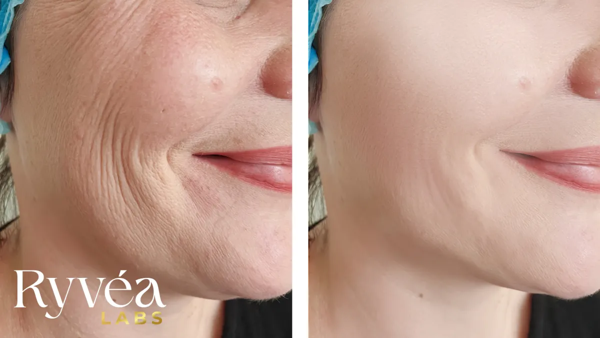 Before-and-after close-up of mature woman's smile lines, highlighting smoother, firmer skin after peptide use—featured in Ryvéa Labs’ article on anti-aging peptides.