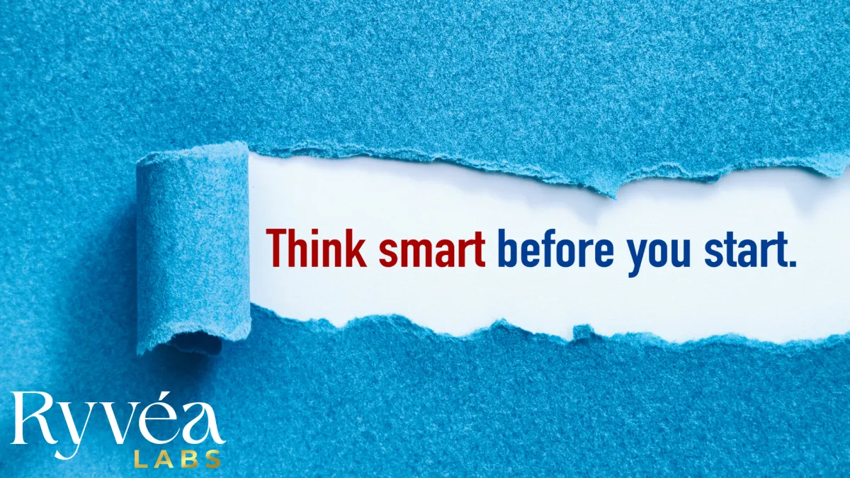 Torn blue paper revealing the phrase 'Think smart before you start,' symbolizing the caution and research needed before buying grey market peptides—featured in Ryvéa Labs’ consumer safety guide