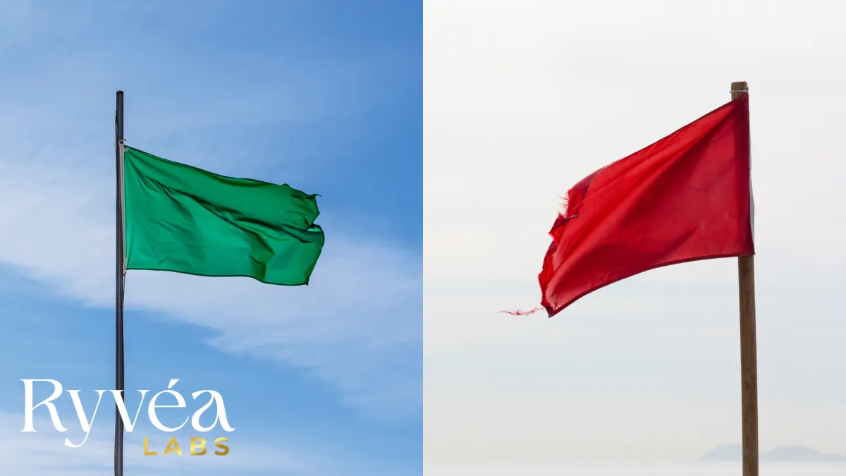 Split image of green flag and tattered red flag against blue and white skies, symbolizing trustworthy vs. suspicious peptide sellers—featured in Ryvéa Labs’ online buyer safety guide.