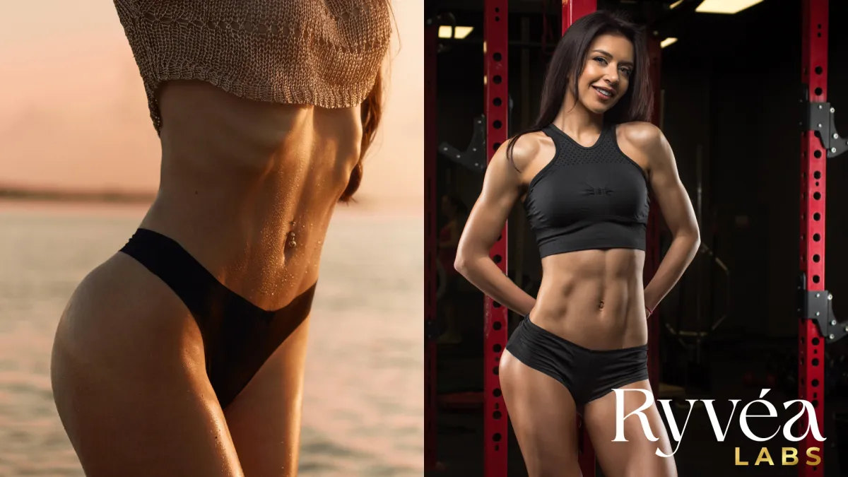 Side-by-side image of a fit woman by the beach and in the gym, showcasing the body transformation potential of GLP-1 weight loss peptides like Semaglutide, featured by Ryvéa Labs.
