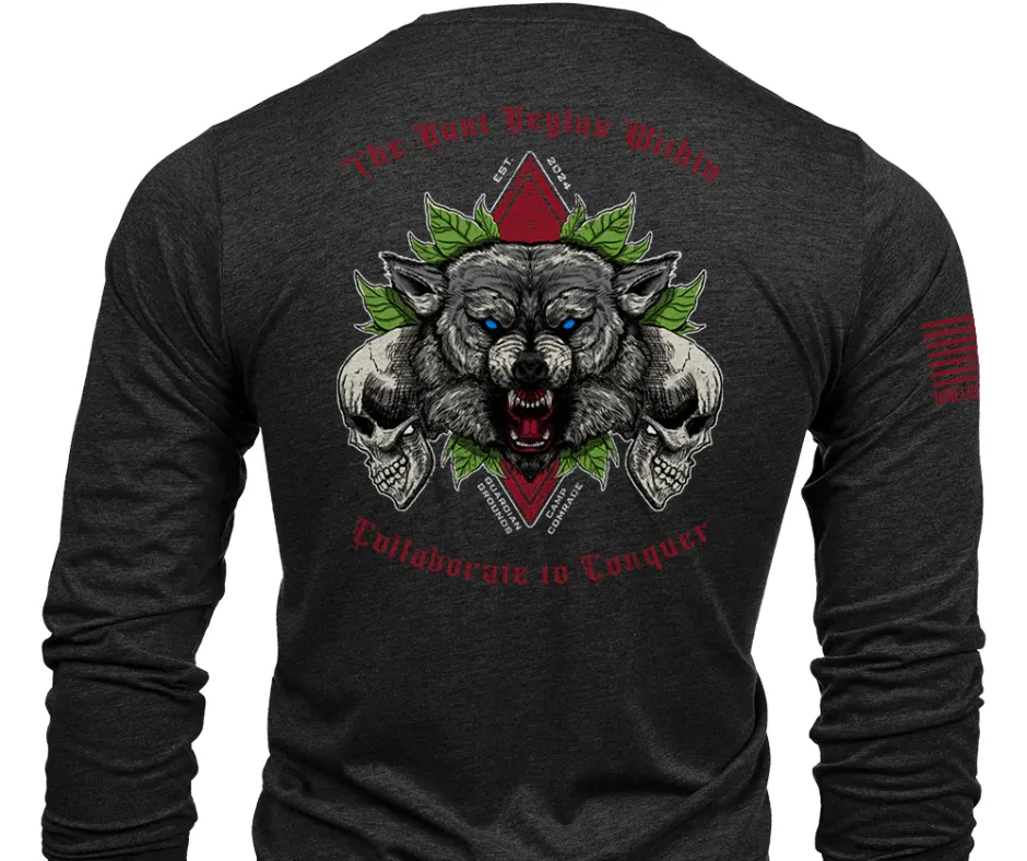 Image of a wolf on a long sleeve shirt branded Nine Line Apparel