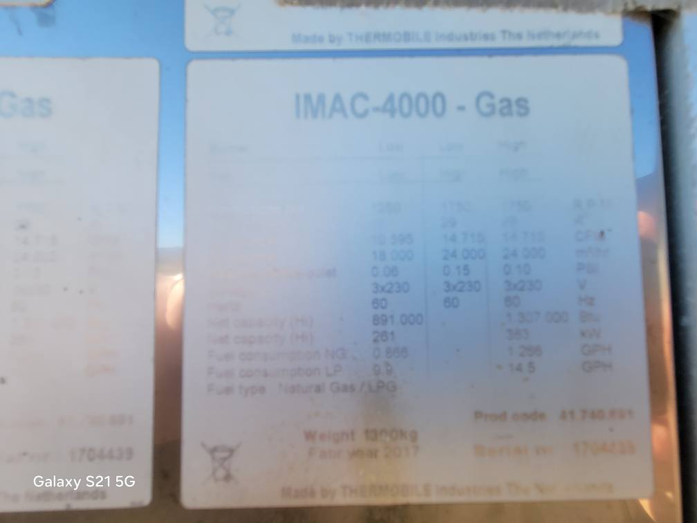 IMAC-4000 heater model specifications label showing diesel propane natural gas capabilities