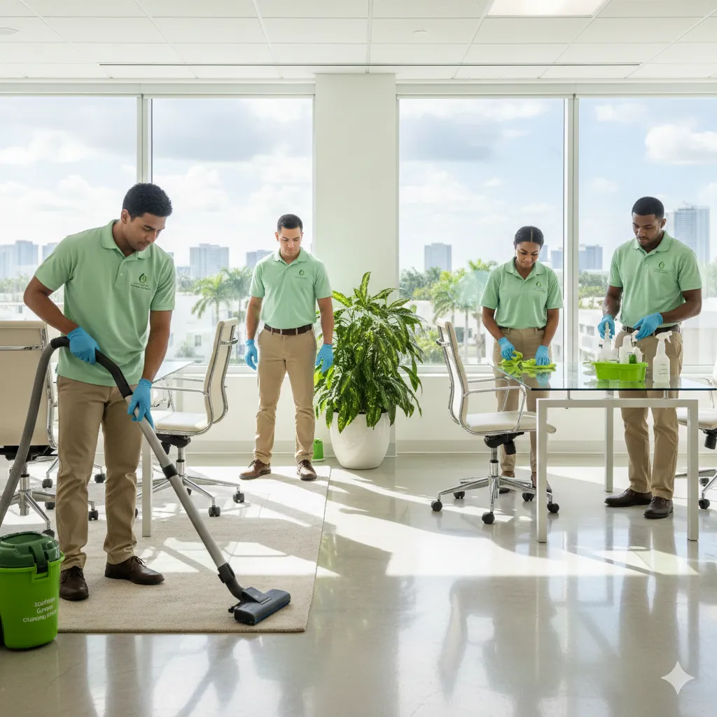 A professional cleaning team wearing green uniforms performing eco-friendly commercial cleaning in a bright Florida office with floor-to-ceiling windows overlooking a city skyline. One staff member uses a HEPA vacuum on a rug while others sanitize a glass conference table using non-toxic supplies.
