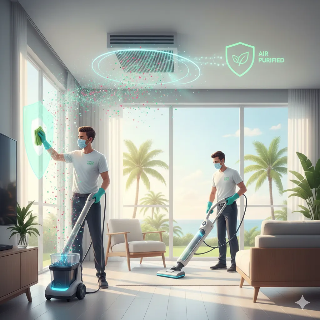 Professional deep cleaning illustration showing the removal of microscopic allergens and bacteria using advanced HEPA filtration and eco-friendly products in a bright Florida home.