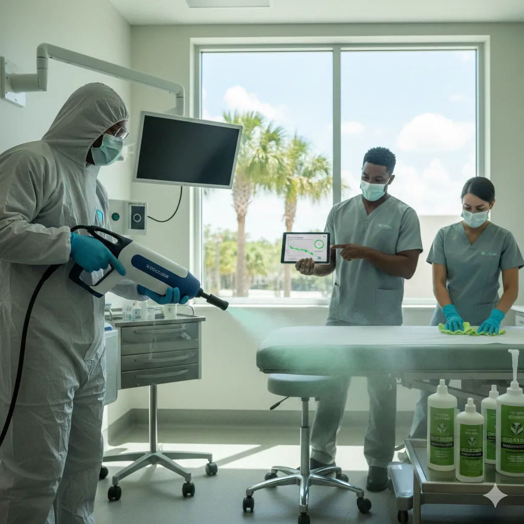Professional cleaning staff implementing eco-friendly electrostatic disinfection in a Florida medical facility to improve indoor air quality and patient safety.