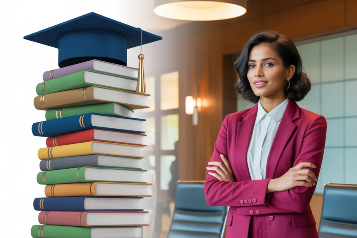 A towering stack of certificates, books, and a graduation cap (symbolising “accumulation”) and fade it into the Right side image : an elegant, confident Indian woman standing tall at a boardroom table