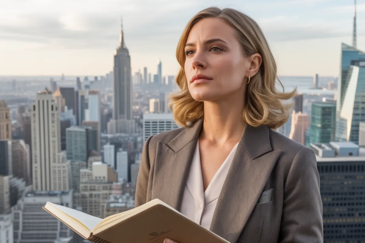 A powerful image of an elegant, confident  caucasian woman standing in front of a panoramic city skyline—but looking thoughtful, with a journal in hand.