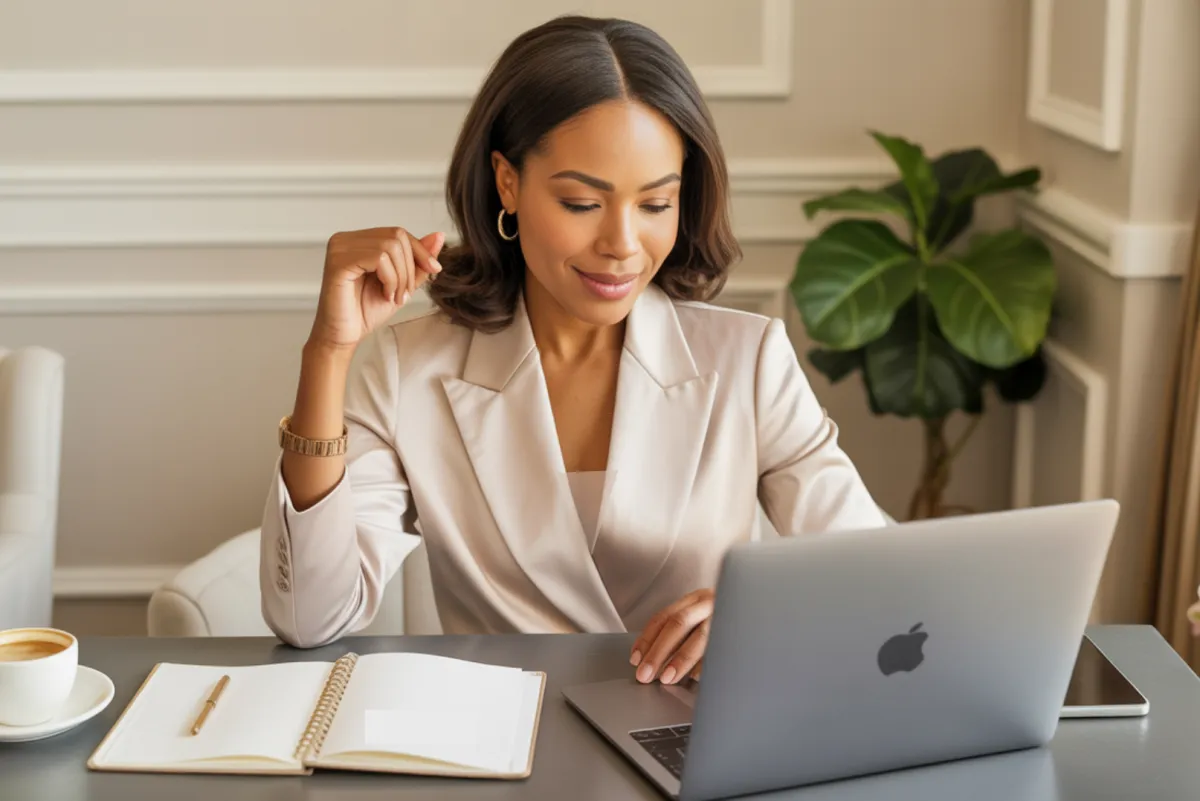 An image of an elegant, well-groomed and smartly dressed african-american woman with a chocolate complexion in smart-casual clothes confidently closing her laptop after planning her week, surrounded by a clean, modern desk with 