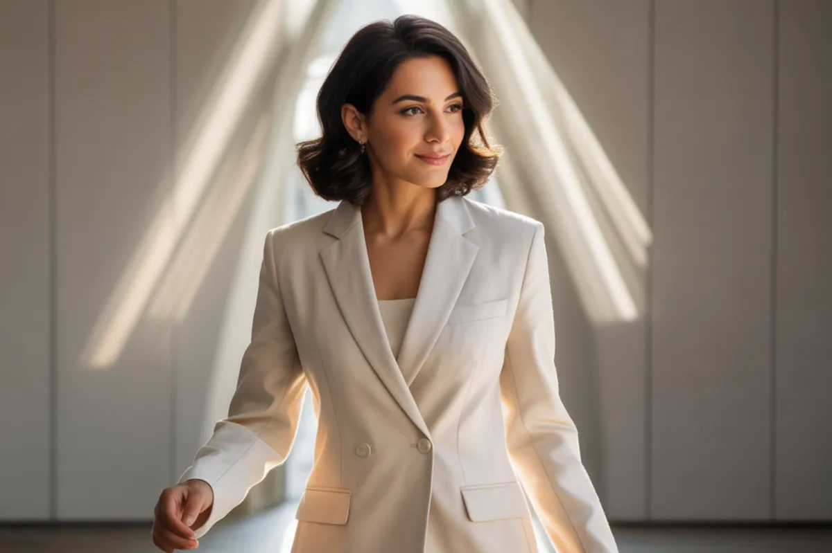 An elegant, soft-focus photo of a middle eastern female founder confidently standing or walking into a room with light streaming behind her - symbolising presence, clarity, and readiness.