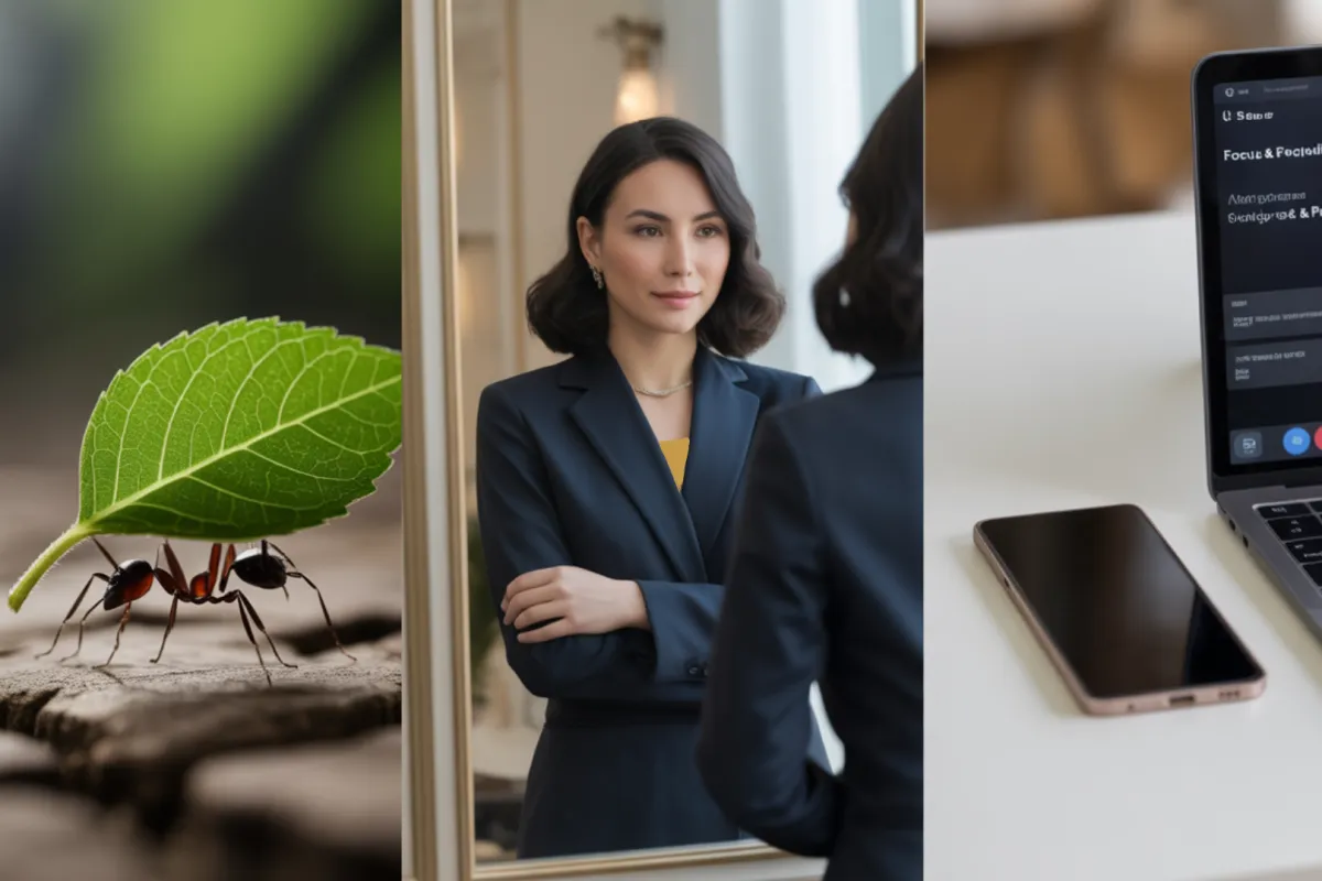 A triptych-style hero image consisting of left panel: an ant carrying a leaf; centre panel: a woman looking into a mirror seeing a confident, empowered self and right panel: a focused workspace with phone and laptop with minimal tabs open.