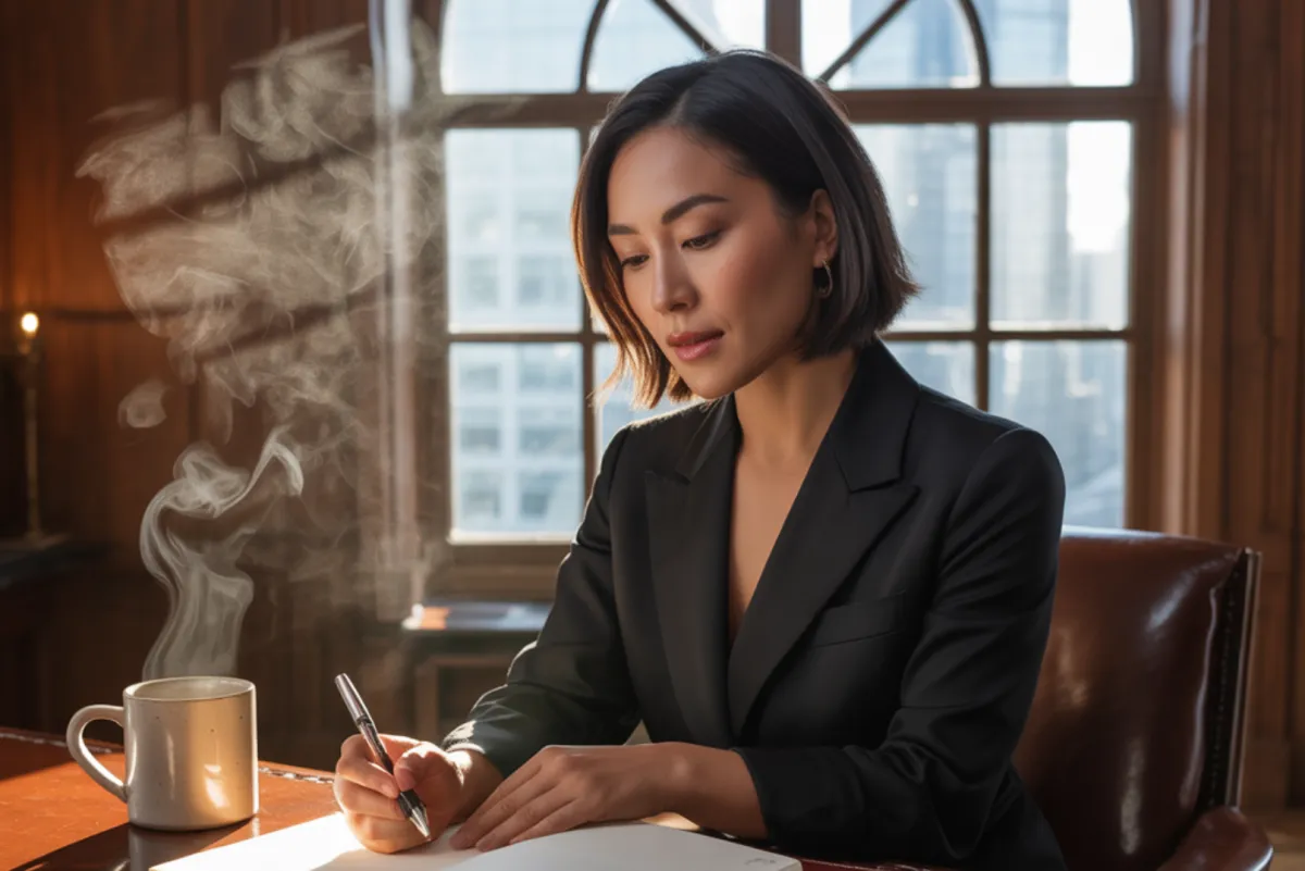 single, well-lit image of a confident, elegant oriental female career professional /leader with a journal and coffee mug seated journaling by a window in elegant setting, sunlight streaming in through a window