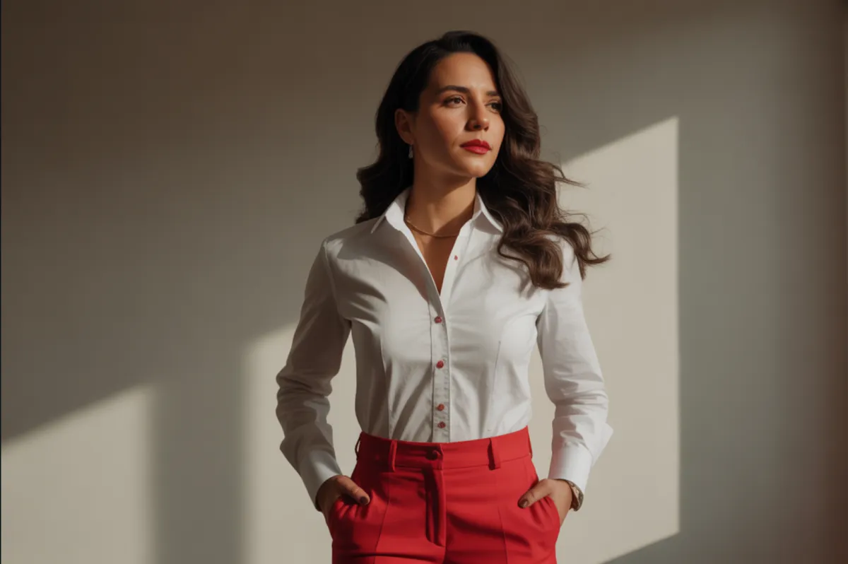 A refined editorial photo of a confident and elegant hispanic female founder in a  white dress shirt with red subtle patterns and red smart tailored trousers standing tall in a sunlit space, looking outward with calm assurance