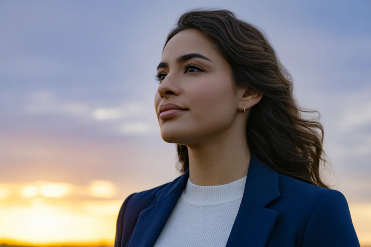 A high-quality, professional photo of a confident, stylish hispanic woman looking forward with focus and purpose, against a subtle abstract or sunrise background symbolizing clarity, growth and transformation.