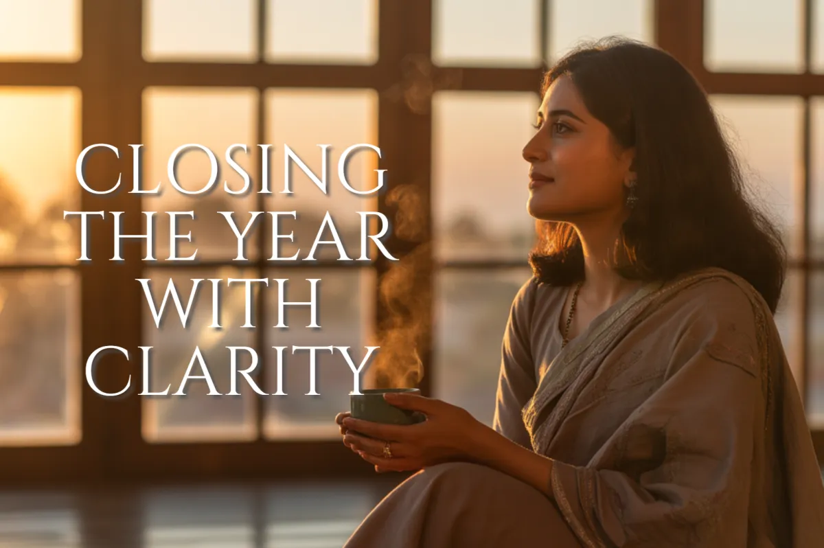 A calm, elegant image of an indian female founder seated by a window at sunrise or golden hour symbolising reflection, transition, and intentional movement into a new season.