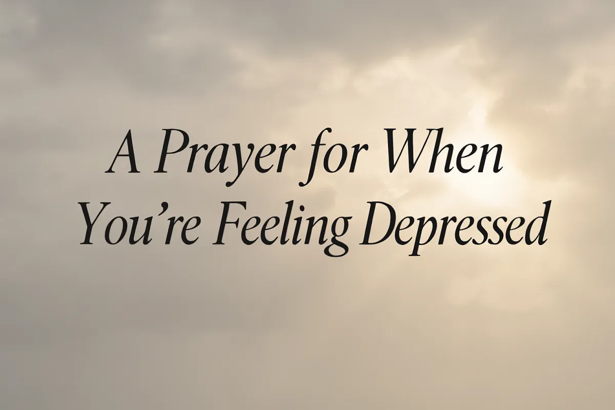 A soft-toned, peaceful background of light breaking through gray clouds with the title “From the Pit to His Presence — A Prayer for When You’re Feeling Depressed” in graceful script. The design evokes both sorrow and hope, symbolizing God’s light in the darkness.