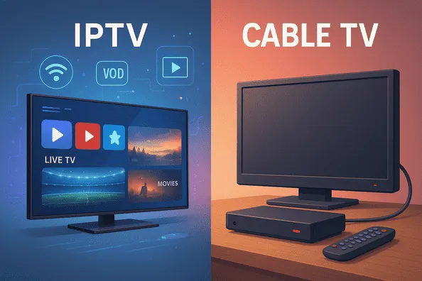 Split screen comparison of IPTV and cable TV with devices and cables shown