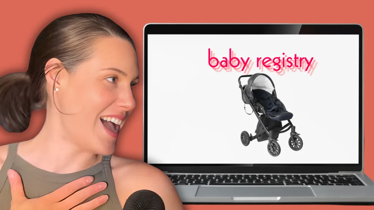 A smiling woman looks at a laptop screen displaying a stroller with the words "baby registry" in pink text. The background is a solid color.