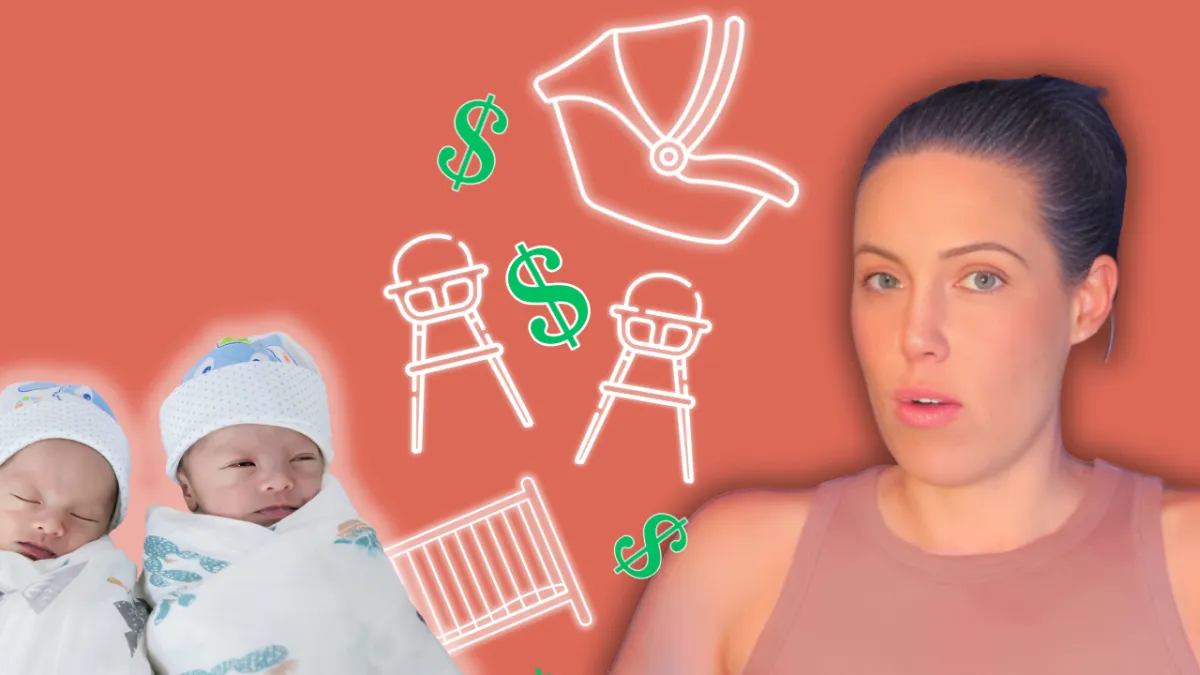 A concerned woman looks at symbols of baby items (car seat, high chairs, crib) with dollar signs and two swaddled newborns on a solid color background.