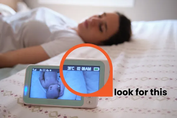 A baby monitor is displayed in the foreground showing a sleeping baby on its screen. In the background, a woman is lying on a bed. A magnifying graphic highlights the monitor's screen, specifically focusing on the battery life indicator and temperature display. The text "look for this" is positioned near the magnifying graphic, emphasizing the importance of these features.