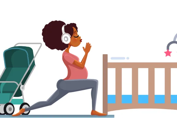 Illustration of a pregnant woman doing a yoga pose in front of a baby crib while wearing headphones, with a stroller in the background.