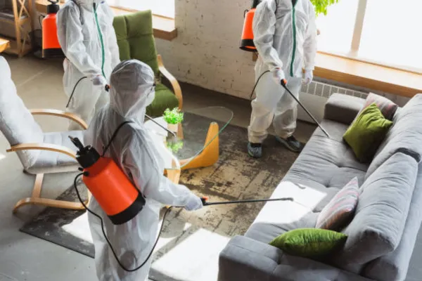 Three people in PPE disinfecting the living room