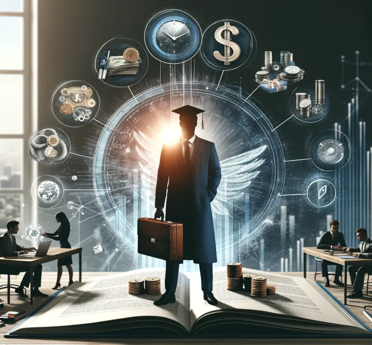 Student-businessman in epic fashion holding briefcase with icons of marketing services all around and standing over an opened book.
