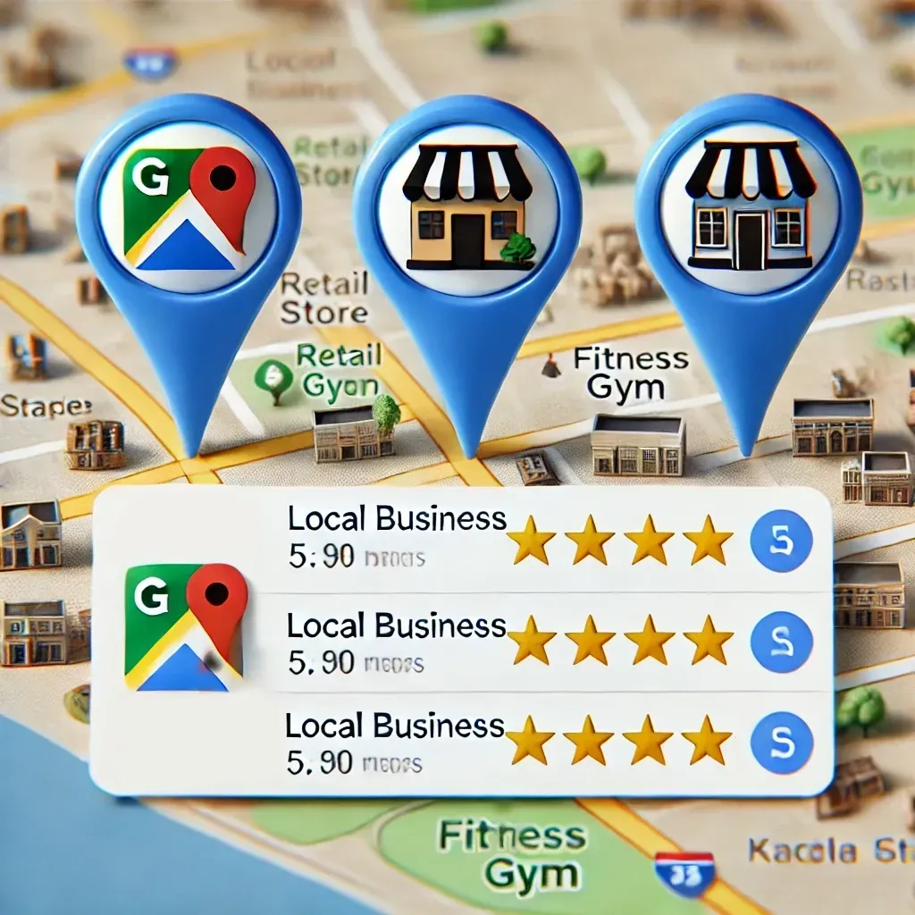 An image of Google Maps displaying three top-ranked local businesses, each marked with location pins and 5-star ratings. The businesses include a café, a retail store, and a fitness gym, with distinct logos, review counts, and nearby streets and landmarks.