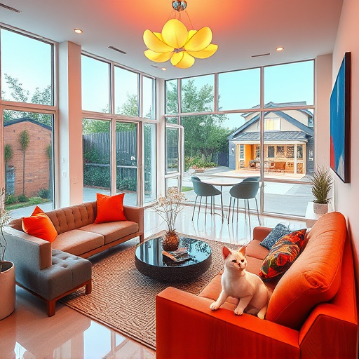 A hyper-realistic image of a modern kitchen designed for seniors, featuring an accessible countertop with rounded edges and easy-to-reach cabinets adorned with bright, contrasting handles. The well-organized layout includes slide-out shelves filled with colorful fruit and vibrant herbs. The ambiance is warm and inviting, promoting a sense of safety and ease. Humorous kitchen gadgets are present, including a quirky utensil holder with smiling spoons and knives. Large windows allow natural light to flood the space, offering a view of a serene garden with blooming flowers, enhancing tranquility. The color palette features warm yellows, soft greens, and earth tones, emphasizing comfort and practicality in senior-friendly kitchen designs.