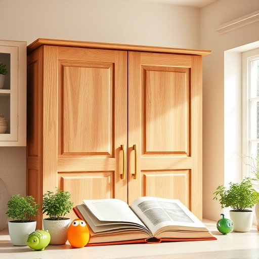 A vibrant and inviting kitchen space designed for a blog cover, featuring beautifully crafted cabinets with intricate carvings inspired by Traditional African Art. The kitchen showcases rich mahogany and deep earthy tones, highlighted by colorful pottery on open shelves and a rustic wooden table filled with fresh vegetables and spices. This setting emphasizes a connection to nature and culinary creativity, creating a warm and welcoming atmosphere that merges modern kitchen efficiency with traditional charm. Quirky kitchen utensils shaped like animals and vibrant wall art depicting culinary scenes add personality. Lush greenery is visible through a sunlit window, enhancing the openness of the space. Textures are highlighted through woven baskets and patterned fabrics, completing the aesthetic with earthy greens, warm browns, and vibrant textile accents, reflecting the joy of cooking and the value of a thoughtful kitchen remodel.