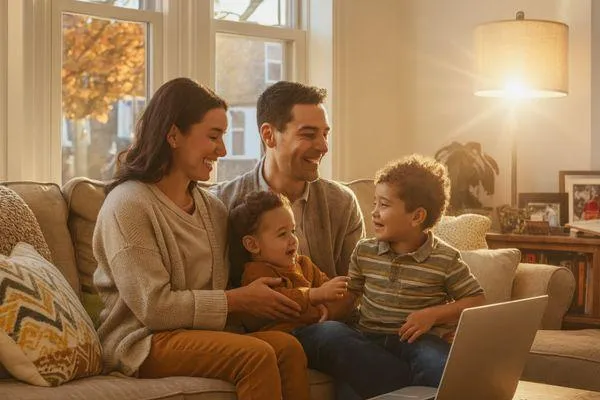 Family discussing home sale in a cozy living room with a 'For Sale' sign