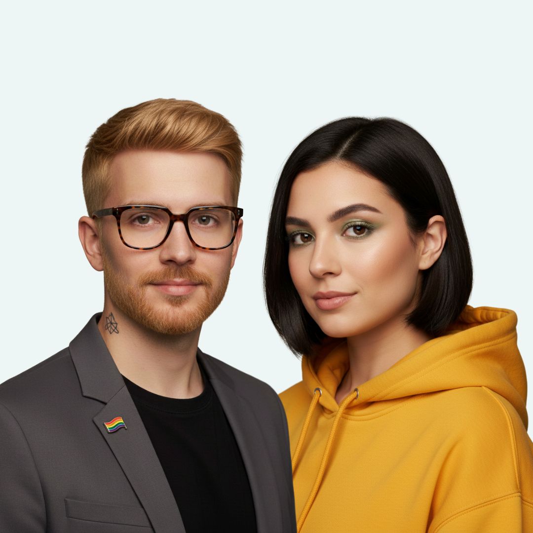 Portrait of two modern podcast hosts, a man with glasses and a woman in a yellow hoodie, representing a disruptive social media strategy discussion.